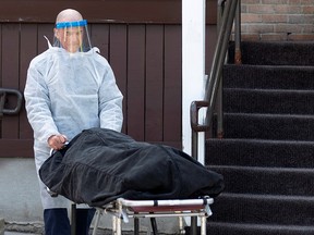 A body is removed from Centre d'hebergement Yvon-Brunet, a seniors' long-term care centre, amid the outbreak of COVID-19, in Montreal, April 18, 2020.