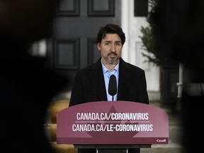 Prime Minister Justin Trudeau speaks during his daily press conference on COVID-19, in front of his residence at Rideau Cottage in Ottawa, on Sunday, April 19, 2020.