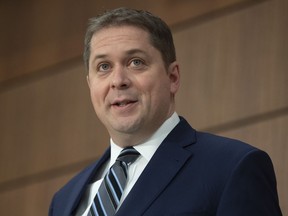 Leader of the Opposition Andrew Scheer responds to a question during a news conference, Thursday, April 23, 2020 in Ottawa.