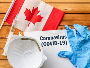 Flag of Canada,, vaccine, face mask for virus, glove and paper sheet with words Coronavirus COVID-19