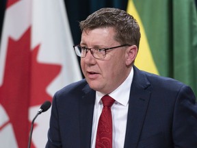 Scott Moe, premier of Saskatchewan, speaks at a COVID-19 news update at the Legislative Building in Regina on Wednesday March 18, 2020.