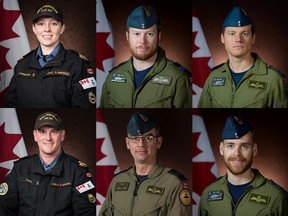 Top left to right: Sub-Lt. Abbigail Cowbrough, Capt. Brenden Ian MacDonald and Capt. Kevin Hagen. Bottom left to right: Sub-Lt. Matthew Pyke, Master Cpl. Matthew Cousins and Capt. Maxime Miron-Morin.