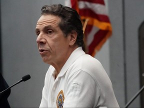 In this file photo taken on March 27, 2020 New York Governor Andrew Cuomo speaks to the press at the Jacob K. Javits Convention Center in New York. (BRYAN R. SMITH/AFP via Getty Images)