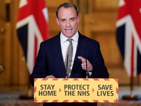 Britain's Foreign Secretary Dominic Raab speaks at the daily coronavirus news conference at 10 Downing Street in London April 16, 2020. (Andrew Parsons/10 Downing Street/Handout via REUTERS)
