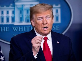 U.S. President Donald Trump speaks about being tested for COVID-19 at the daily coronavirus task force briefing at the White House in Washington, D.C., Saturday, April 18, 2020.