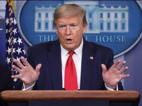 U.S. President Donald Trump answers questions at the daily coronavirus task force briefing at the White House in Washington, D.C., Friday, April 17, 2020.