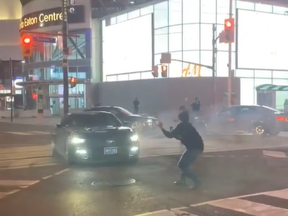 Toronto Police are investigating after video surfaced of a car doing "doughnuts" in the middle of Yonge-Dundas Square on Monday night.