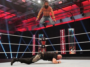 Elias jumps off at ropes in his match against King Corbin at WrestleMania 36 on Saturday, April 4, 2020.