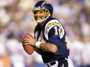 San Diego Chargers quarterback Dan Fouts looks to pass during a 1987 NFL game.