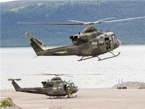 This file photo shows two RCAF Griffon helicopters operating in Canada's North. Similar aircraft were used to help RCMP in an operation to rescue a girl reportedly being held against her will in a cabin in Saskatchewan's North on April 24, 2020.