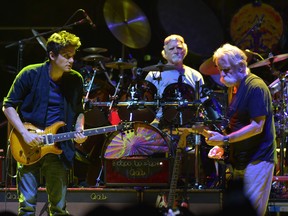John Mayer, left, Bill Kreutzman and Bob Weir of Dead & Company In Concert at Madison Square Garden on Oct. 31, 2015 in New York City.