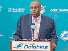 Miami Dolphins general manager Chris Grier speaks during a press conference at Baptist Health Training Facility at Nova Southern University on Feb. 4, 2019, in Davie, Fla.