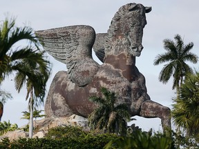 A general view of the Pegasus and Dragon statue at the entrance of Gulfstream Park on March 28, 2020 in Hallandale, Fla.