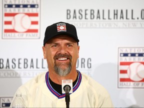 Larry Walker speaks to the media after being elected into the National Baseball Hall of Fame class of 2020 on January 22, 2020 at the St. Regis Hotel in New York.