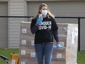 Hayley Wickenheiser helps collect medical supplies for COVID-19, in Toronto, April 11, 2020.