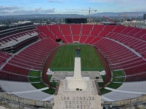 The Los Angeles Coliseum sports arena is seen empty as the spread of the coronavirus disease (COVID-19) continues, in Los Angeles, California, U.S., April 8, 2020.