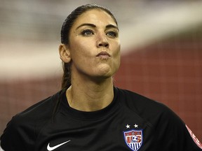 This file photo taken on June 30, 2015, shows USA goalkeeper Hope Solo reacting during their 2015 FIFA Women's World Cup semi-final football match between USA and Germany at the Olympic Stadium in Montreal.