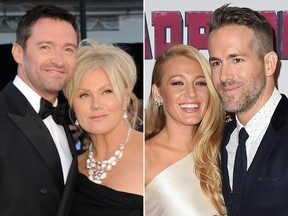 Hugh Jackman (L) and wife Deborra-Lee Furness and Ryan Reynolds (R) and his wife Blake Lively are seen in these file photos.