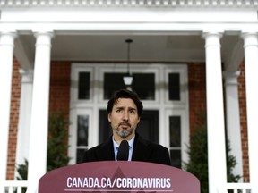 Prime Minister Justin Trudeau speaks during his daily press conference on COVID-19 in front of his residence at Rideau Cottage in Ottawa, on Sunday, April 19, 2020.