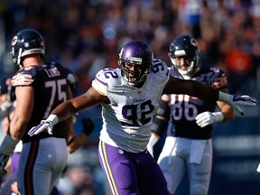 Tom Johnson of the Minnesota Vikings reacts after the Chicago Bears missed their field goal in the third quarter at Soldier Field on Nov. 1, 2015, in Chicago.