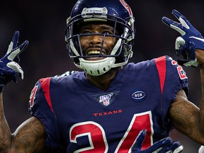 Johnathan Joseph of the Houston Texans celebrates after a big play in the second half of a game against the New England Patriots at NRG Stadium on Dec. 1, 2019, in Houston, Texas.