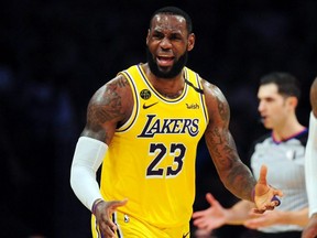 Lakers forward LeBron James reacts during an NBA game against the Bucks at Staples Center in Los Angeles, March 6, 2020.