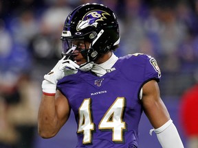 Marlon Humphrey #44 of the Baltimore Ravens warms up before the AFC Divisional Playoff game against the Tennessee Titans at M&T Bank Stadium on Jan. 11, 2020, in Baltimore, Md.