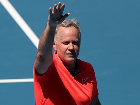 Patrick McEnroe of the United States reacts during his Men's Legends Doubles match with partner John McEnroe against Thomas Muster of Austria and Mats Wilander of Sweden on day seven of the 2020 Australian Open at Melbourne Park on Jan. 26, 2020 in Melbourne, Australia.