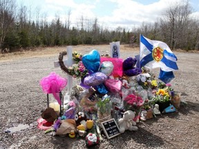 The makeshift memorial that has been placed in the memory of Kristen Beaton, who was killed along Plains Road during last week's mass shooting, is seen in Debert, N.S., April 23, 2020.