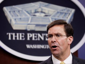 U.S. Defence Secretary Mark Esper speaks during a news conference at the Pentagon in Arlington, Virginia, March 5, 2020. (REUTERS/Yuri Gripas/File Photo)