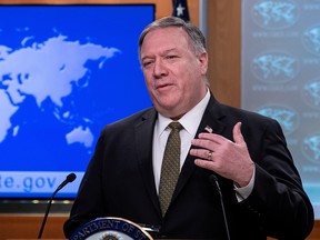 U.S. Secretary of State Mike Pompeo speaks at a press briefing at the U.S. State Department in Washington, D.C., April 22, 2020.