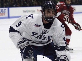 Canadian Robert DeMontis of Yale University at a recent hockey game against Harvard.
