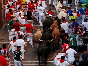In this July 12, 2019, file photo, revellers sprint near bulls and steers during the running of the bulls at the San Fermin festival in Pamplona, Spain.