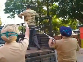 Indian police use giant tongs to round up a suspect in the back of a truck.