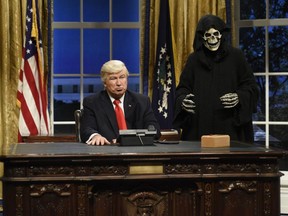 Alec Baldwin as President Donald J. Trump and Mikey Day as advisor Steve Bannon during the Oval Office Cold Open on February 4th, 2017. (Will Heath/NBC)