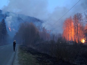 A person watches a wildfire burn in Squamish, B.C., Wednesday, April 15, 2020.The BC Wildfire Service says crews are making good progress on a ground fire that's so far charred one square kilometre of bush and trees in the Upper Squamish Valley.