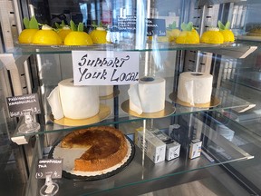 Cakes that look exactly like rolls of toilet paper are displayed at Ronttosrouva bakery, as the spread of the coronavirus continues, in Helsinki, Finland, April 7, 2020.