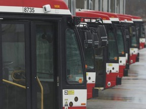 Buses wait to go into service at the Comstock TTC yards.