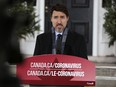 Prime Minister Justin Trudeau speaks during a news conference on COVID-19 situation in Canada from his residence March 23, 2020, in Ottawa.