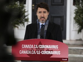Prime Minister Justin Trudeau speaks during a news conference on COVID-19 situation in Canada from his residence March 23, 2020, in Ottawa.