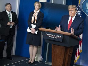 U.S. President Donald Trump delivers remarks during a press briefing with White House coronavirus response coordinator Deborah Birx, in Washington, D.C., Saturday, April 18, 2020.