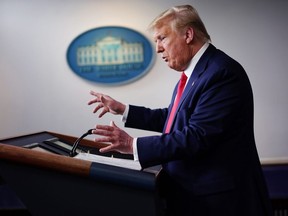 President Donald Trump speaks during the daily briefing on the novel coronavirus in the Brady Briefing Room at the White House on April 6, 2020, in Washington. (MANDEL NGAN/AFP via Getty Images)