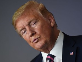 President Donald Trump looks on during the daily briefing on the novel coronavirus in the Brady Briefing Room of the White House on April 24, 2020, in Washington.