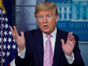 U.S. President Donald Trump addresses the daily coronavirus task force briefing in the press briefing room at the White House in Washington, D.C, April 4, 2020.