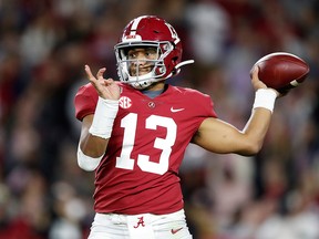 Tua Tagovailoa of the Alabama Crimson Tide throws a pass during the second half against the LSU Tigers in the game at Bryant-Denny Stadium on Nov. 9, 2019, in Tuscaloosa, Ala.