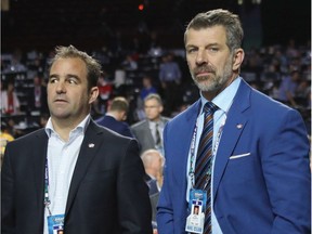 Canadiens owner/president Geoff Molson and Marc Bergevin on the floor of the Rogers Arena in Vancouver during the 2019 NHL Draft on June 22, 2019.