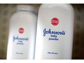 Containers of Johnson's baby powder made by Johnson & Johnson sits on a shelf at Jack's Drug Store on Oct. 18, 2019 in San Anselmo, Calif.