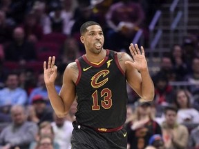 Tristan Thompson of the Cleveland Cavaliers celebrates after scoring during the first half against the Atlanta Hawks at Rocket Mortgage Fieldhouse on February 12, 2020 in Cleveland, Ohio.