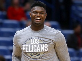 Zion Williamson #1 of the New Orleans Pelicans warms up before a game against the Miami Heat at the Smoothie King Center on March 06, 2020 in New Orleans, Louisiana.