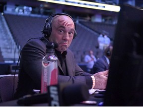 Announcer Joe Rogan reacts during UFC 249 at VyStar Veterans Memorial Arena on May 09, 2020 in Jacksonville, Florida.